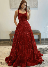 Kitty | A - line Sparkly Dark Red Long Prom Dress - Price #price_variant_lowest# - Dark Red - PromDressClub